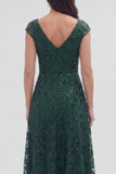 Dark Green Floral V-Neck A Line Cap Sleeves Long Mother of The Bride Dress