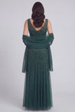Grey Blue Floral V-Neck A Line Tulle Long Mother of The Bride Dress