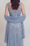Grey Blue Floral V-Neck A Line Tulle Long Mother of The Bride Dress