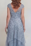Grey Blue Lace Floral A Line Sequins Tiered Long Mother of The Bride Dress with Sleeves