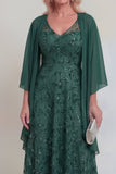 Navy Lace Floral A Line Sequins Long Mother of The Bride Dress with Jacket