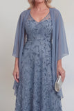 Navy Lace Floral A Line Sequins Long Mother of The Bride Dress with Jacket