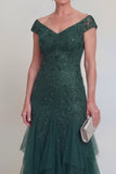 Dark Green Tulle Ruffled V-Neck Long Mother of The Bride Dress with Sleeves