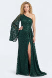 Dark Green Lace Mermaid One Shoulder Long Mother of The Bride Dress with Sleeves