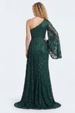 Dark Green Lace Mermaid One Shoulder Long Mother of The Bride Dress with Sleeves