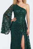 Dark Green Lace Mermaid One Shoulder Long Mother of The Bride Dress with Sleeves