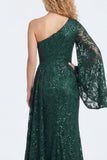 Dark Green Lace Mermaid One Shoulder Long Mother of The Bride Dress with Sleeves