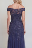 Navy Tulle Floral Sequins Off The Shoulder Long Mother of The Bride Dress