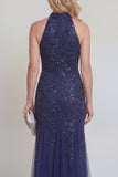 Navy Tulle Floral Sequins Halter Mermaid Long Mother of The Bride Dress