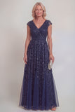 Navy Lace Floral Sequins A Line V-Neck Long Mother of The Bride Dress with Sleeves