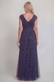 Navy Lace Floral Sequins A Line V-Neck Long Mother of The Bride Dress with Sleeves