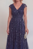 Navy Lace Floral Sequins A Line V-Neck Long Mother of The Bride Dress with Sleeves