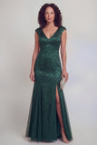 Sage Green Floral V-Neck Mermaid Long Mother of The Bride Dress with Slit