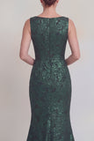 Dark Green Floral Boat Neck Mermaid Long Mother of The Bride Dress with Slit