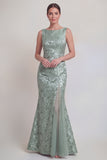 Dark Green Floral Boat Neck Mermaid Long Mother of The Bride Dress with Slit