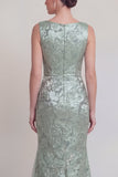 Dark Green Floral Boat Neck Mermaid Long Mother of The Bride Dress with Slit