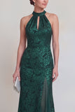Sage Green Floral Halter Mermaid Long Mother of The Bride Dress with Slit