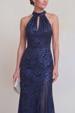 Sage Green Floral Halter Mermaid Long Mother of The Bride Dress with Slit