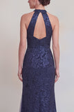 Sage Green Floral Halter Mermaid Long Mother of The Bride Dress with Slit
