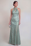 Sage Green Floral Halter Mermaid Long Mother of The Bride Dress with Slit