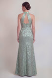 Sage Green Floral Halter Mermaid Long Mother of The Bride Dress with Slit
