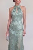 Sage Green Floral Halter Mermaid Long Mother of The Bride Dress with Slit