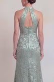 Sage Green Floral Halter Mermaid Long Mother of The Bride Dress with Slit