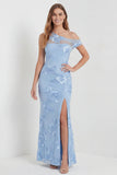 Light Blue One Shoulder Sheath Embroidered Maxi Dress with Slit