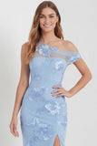 Light Blue One Shoulder Sheath Embroidered Maxi Dress with Slit