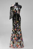 Black Asymmetrical One Shoulder Floral Embroidery Mermaid Long Wedding Guest Dress