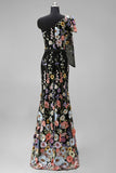 Black Asymmetrical One Shoulder Floral Embroidery Mermaid Long Wedding Guest Dress