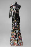 Black Asymmetrical One Shoulder Floral Embroidery Mermaid Long Wedding Guest Dress