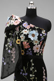 Black Asymmetrical One Shoulder Floral Embroidery Mermaid Long Wedding Guest Dress