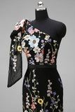 Black Asymmetrical One Shoulder Floral Embroidery Mermaid Long Wedding Guest Dress