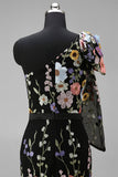 Black Asymmetrical One Shoulder Floral Embroidery Mermaid Long Wedding Guest Dress