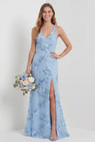 Light Blue Embroidered Sheath V- Neck Long Bridesmaid Dress with Slit