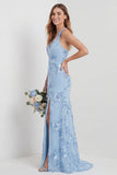 Light Blue Embroidered Sheath V- Neck Long Bridesmaid Dress with Slit