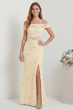 Off The Shoulder Embroidered Sheath Daffodil Long Floral Dress with Slit