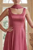 Desert Rose A Line Square Neck Long Bridesmaid Dress with a Neck Scarf