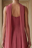 Desert Rose A Line Square Neck Long Bridesmaid Dress with a Neck Scarf