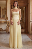 Strapless Light Yellow A Line Long Bridesmaid Dress with Streamer