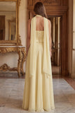 Strapless Light Yellow A Line Long Bridesmaid Dress with Streamer