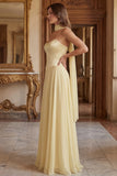 Strapless Light Yellow A Line Long Bridesmaid Dress with Streamer