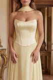 Strapless Light Yellow A Line Long Bridesmaid Dress with Streamer