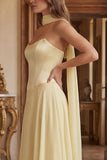 Strapless Light Yellow A Line Long Bridesmaid Dress with Streamer