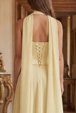 Strapless Light Yellow A Line Long Bridesmaid Dress with Streamer