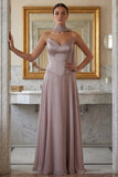 Strapless A Line Dusk Chiffon Long Bridesmaid Dress with a Neck Scarf
