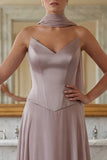 Strapless A Line Dusk Chiffon Long Bridesmaid Dress with a Neck Scarf