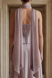 Strapless A Line Dusk Chiffon Long Bridesmaid Dress with a Neck Scarf