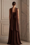 Coffee A Line Long Bridesmaid Dress with Streamer